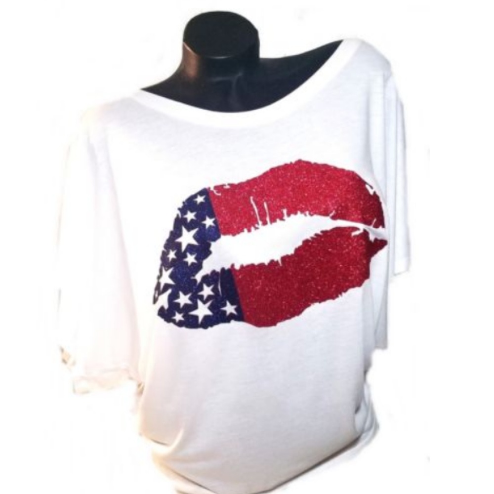 American Sexy Lips on a White Flowy Top.  1 left!